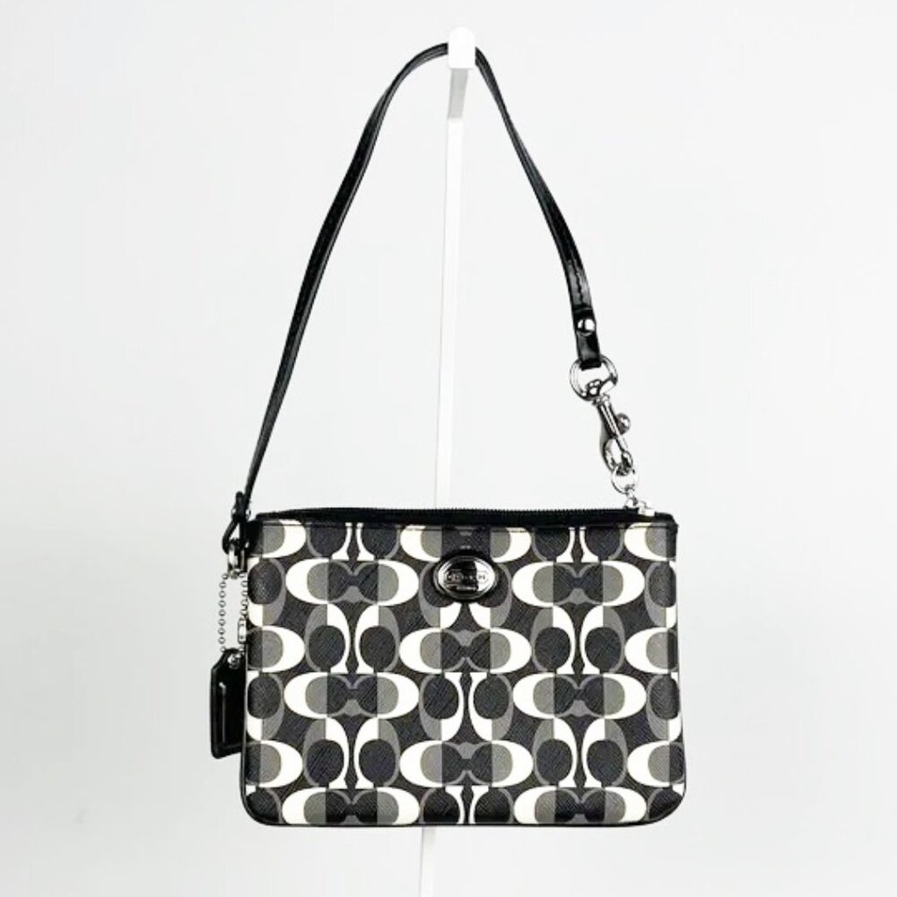 Coach Signature Monogram Black Gray White Canvas Patent Leather Zip Wristlet